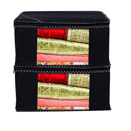 Black Saree Storage Cover with Decorative Border, Zip & Transparent Window