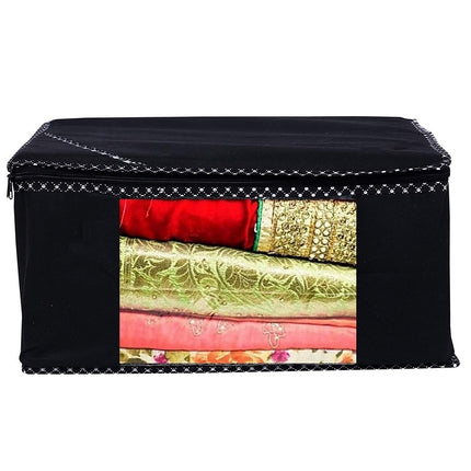 Black Saree Storage Cover with Decorative Border, Zip & Transparent Window