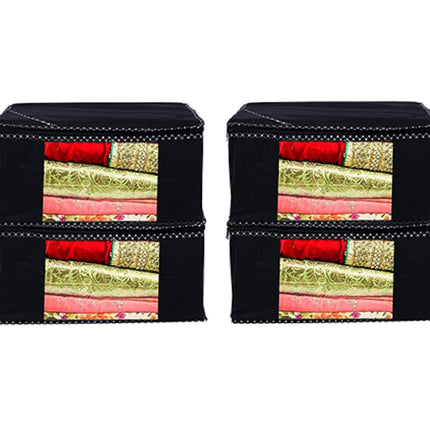 Black Saree Storage Cover with Decorative Border, Zip & Transparent Window