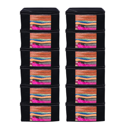 Black Saree Storage Cover with Decorative Border, Zip & Transparent Window