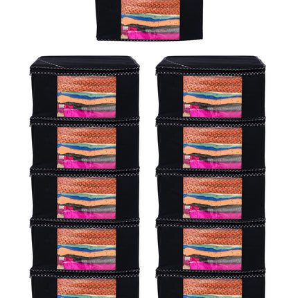 Black Saree Storage Cover with Decorative Border, Zip & Transparent Window