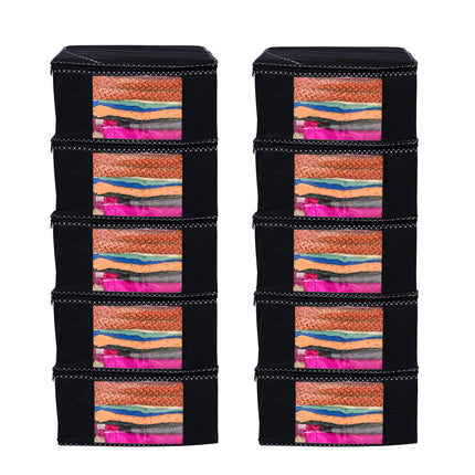 Black Saree Storage Cover with Decorative Border, Zip & Transparent Window