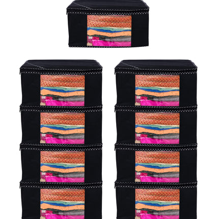 Black Saree Storage Cover with Decorative Border, Zip & Transparent Window