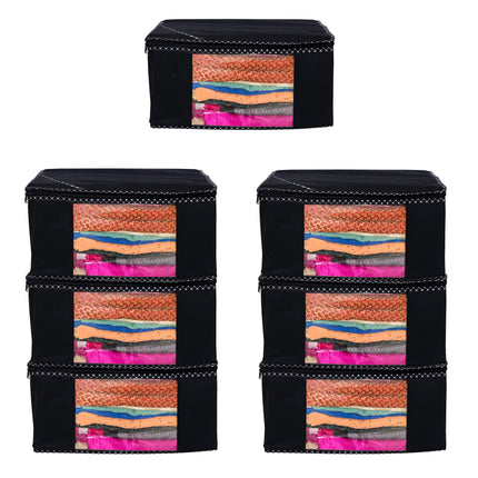 Black Saree Storage Cover with Decorative Border, Zip & Transparent Window