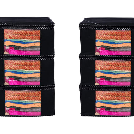 Black Saree Storage Cover with Decorative Border, Zip & Transparent Window