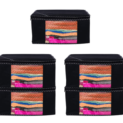 Black Saree Storage Cover with Decorative Border, Zip & Transparent Window