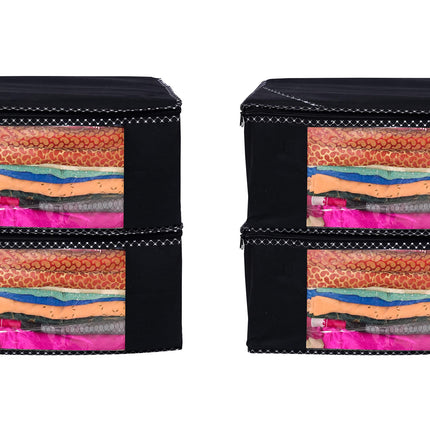 Black Saree Storage Cover with Decorative Border, Zip & Transparent Window