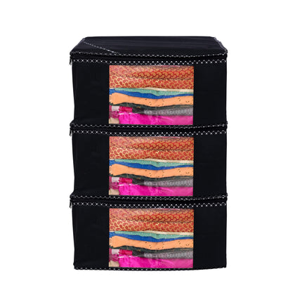 Black Saree Storage Cover with Decorative Border, Zip & Transparent Window