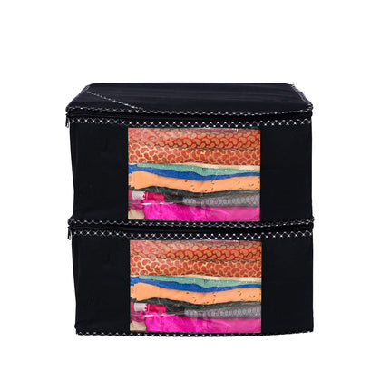 Black Saree Storage Cover with Decorative Border, Zip & Transparent Window