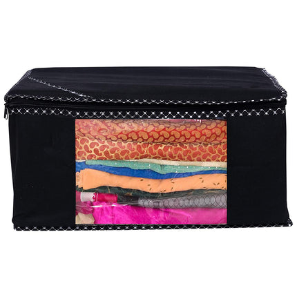 Black Saree Storage Cover with Decorative Border, Zip & Transparent Window
