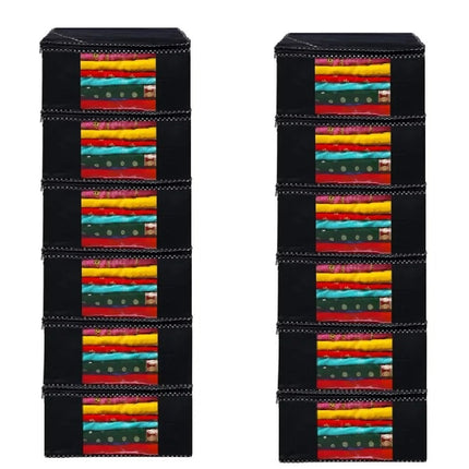 Black Saree Storage Cover with Decorative Border, Zip & Transparent Window