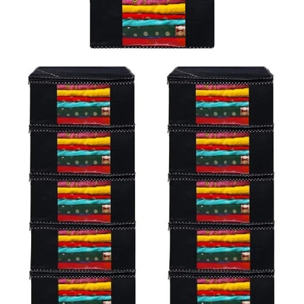 Black Saree Storage Cover with Decorative Border, Zip & Transparent Window