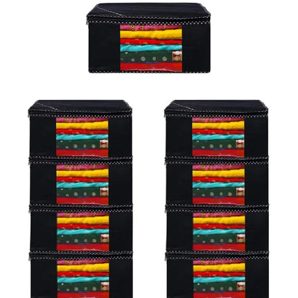 Black Saree Storage Cover with Decorative Border, Zip & Transparent Window