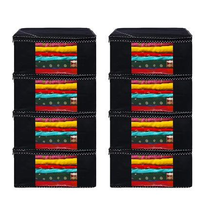 Black Saree Storage Cover with Decorative Border, Zip & Transparent Window