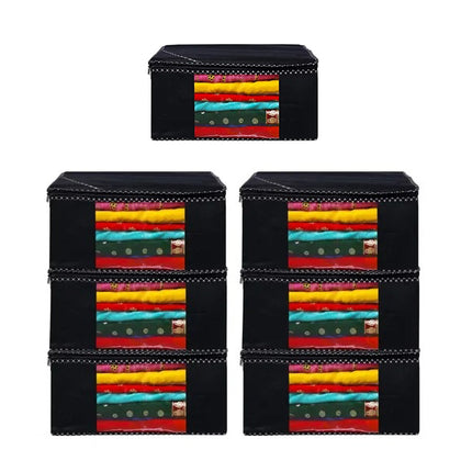 Black Saree Storage Cover with Decorative Border, Zip & Transparent Window