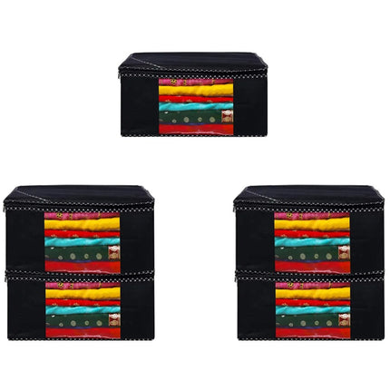 Black Saree Storage Cover with Decorative Border, Zip & Transparent Window