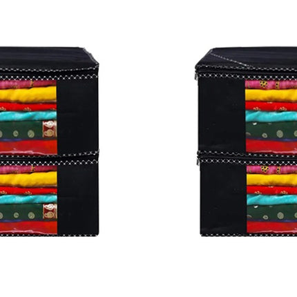 Black Saree Storage Cover with Decorative Border, Zip & Transparent Window