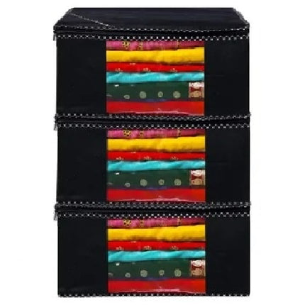 Black Saree Storage Cover with Decorative Border, Zip & Transparent Window