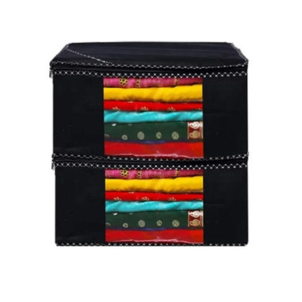 Black Saree Storage Cover with Decorative Border, Zip & Transparent Window