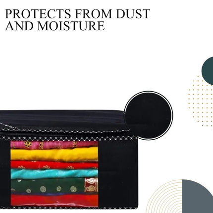 Black Saree Storage Cover with Decorative Border, Zip & Transparent Window