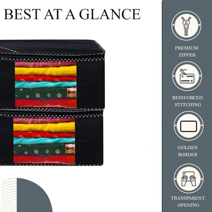 Black Saree Storage Cover with Decorative Border, Zip & Transparent Window