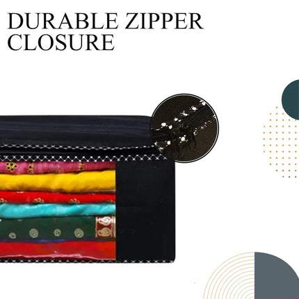 Black Saree Storage Cover with Decorative Border, Zip & Transparent Window