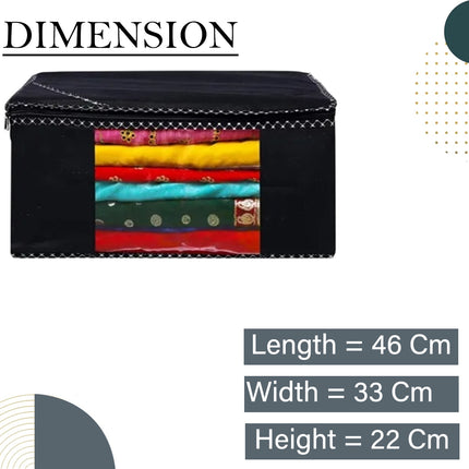 Black Saree Storage Cover with Decorative Border, Zip & Transparent Window