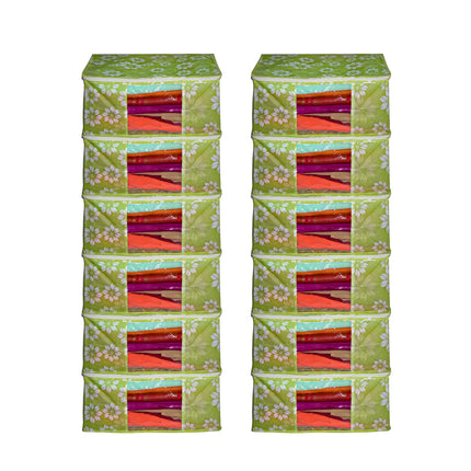 Green Floral Printed Clothes Storage Organizer Box with Transparent Window and Zip Closure