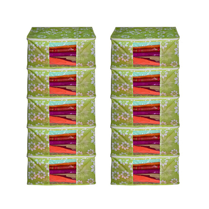 Green Floral Printed Clothes Storage Organizer Box with Transparent Window and Zip Closure