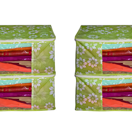 Green Floral Printed Clothes Storage Organizer Box with Transparent Window and Zip Closure