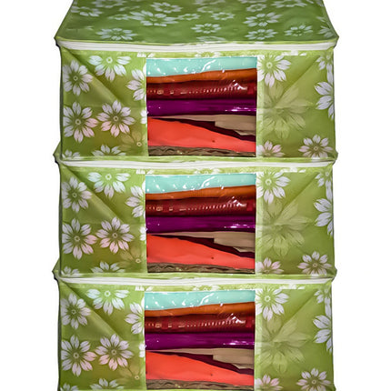 Green Floral Printed Clothes Storage Organizer Box with Transparent Window and Zip Closure
