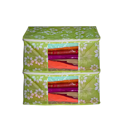 Green Floral Printed Clothes Storage Organizer Box with Transparent Window and Zip Closure