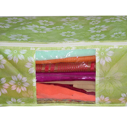 Green Floral Printed Clothes Storage Organizer Box with Transparent Window and Zip Closure