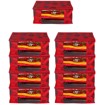 Red Floral Printed Clothes Storage Organizer Box with Transparent Window and Zip Closure