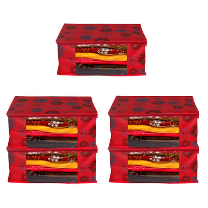 Red Floral Printed Clothes Storage Organizer Box with Transparent Window and Zip Closure