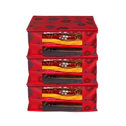 Red Floral Printed Clothes Storage Organizer Box with Transparent Window and Zip Closure