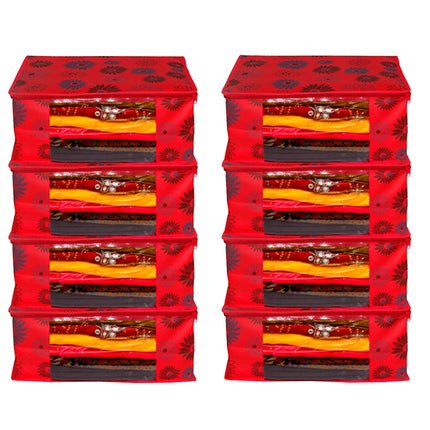 Red Floral Printed Clothes Storage Organizer Box with Transparent Window and Zip Closure