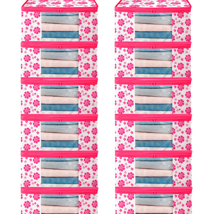 Pink & White Floral Printed Clothes Storage Organizer Box with Transparent Window and Zip Closure