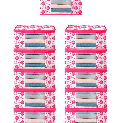 Pink & White Floral Printed Clothes Storage Organizer Box with Transparent Window and Zip Closure