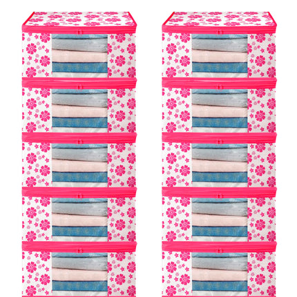 Pink & White Floral Printed Clothes Storage Organizer Box with Transparent Window and Zip Closure