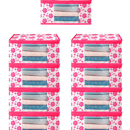 Pink & White Floral Printed Clothes Storage Organizer Box with Transparent Window and Zip Closure