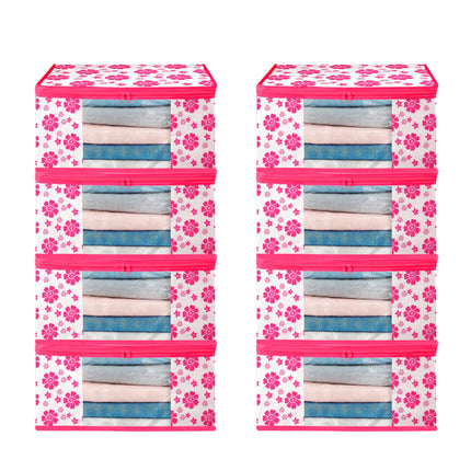 Pink & White Floral Printed Clothes Storage Organizer Box with Transparent Window and Zip Closure