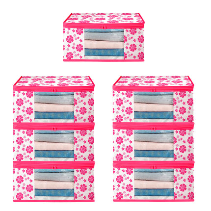 Pink & White Floral Printed Clothes Storage Organizer Box with Transparent Window and Zip Closure
