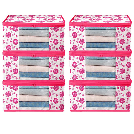 Pink & White Floral Printed Clothes Storage Organizer Box with Transparent Window and Zip Closure