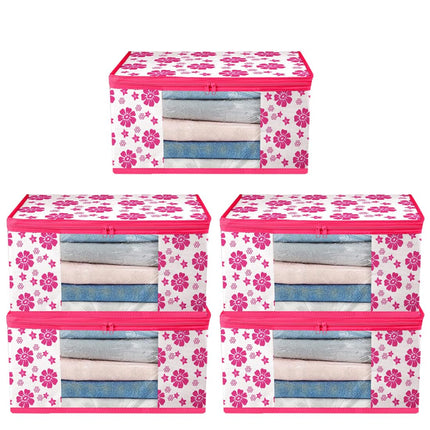 Pink & White Floral Printed Clothes Storage Organizer Box with Transparent Window and Zip Closure