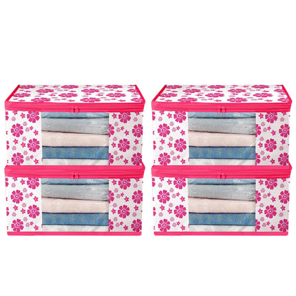 Pink & White Floral Printed Clothes Storage Organizer Box with Transparent Window and Zip Closure