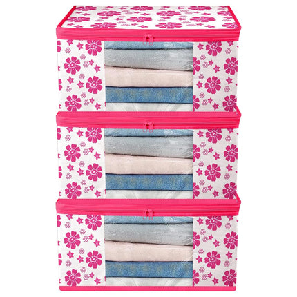 Pink & White Floral Printed Clothes Storage Organizer Box with Transparent Window and Zip Closure