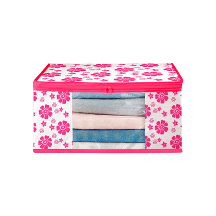 Pink & White Floral Printed Clothes Storage Organizer Box with Transparent Window and Zip Closure