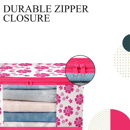 Pink & White Floral Printed Clothes Storage Organizer Box with Transparent Window and Zip Closure