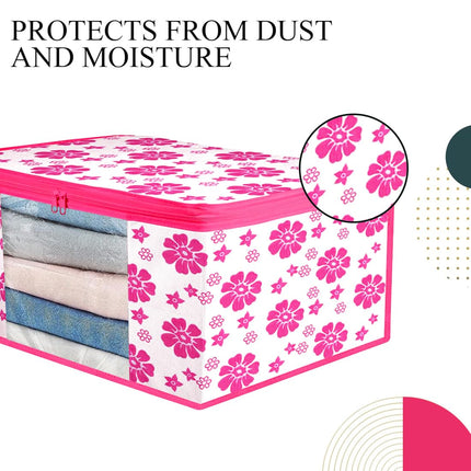 Pink & White Floral Printed Clothes Storage Organizer Box with Transparent Window and Zip Closure